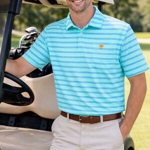 Peter Millar Aqua and Navy Striped Polo Size: Medium Pocket on left side VGUC